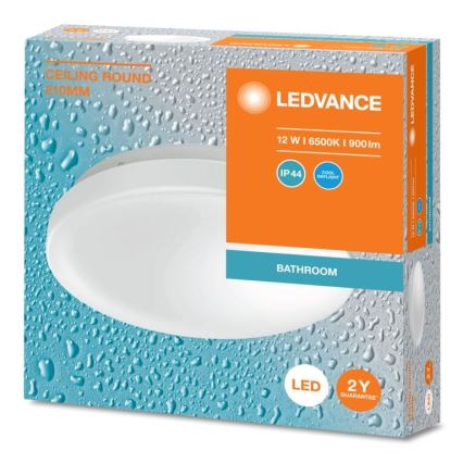 Oválny LED stropný svietidlo, určené do kúpeľne, je zobrazené na obale. Balenie uvádza: 12 W, 6500 K, 900 lm, IP44, LED, 2 roky záruka, rozmery 210 mm.