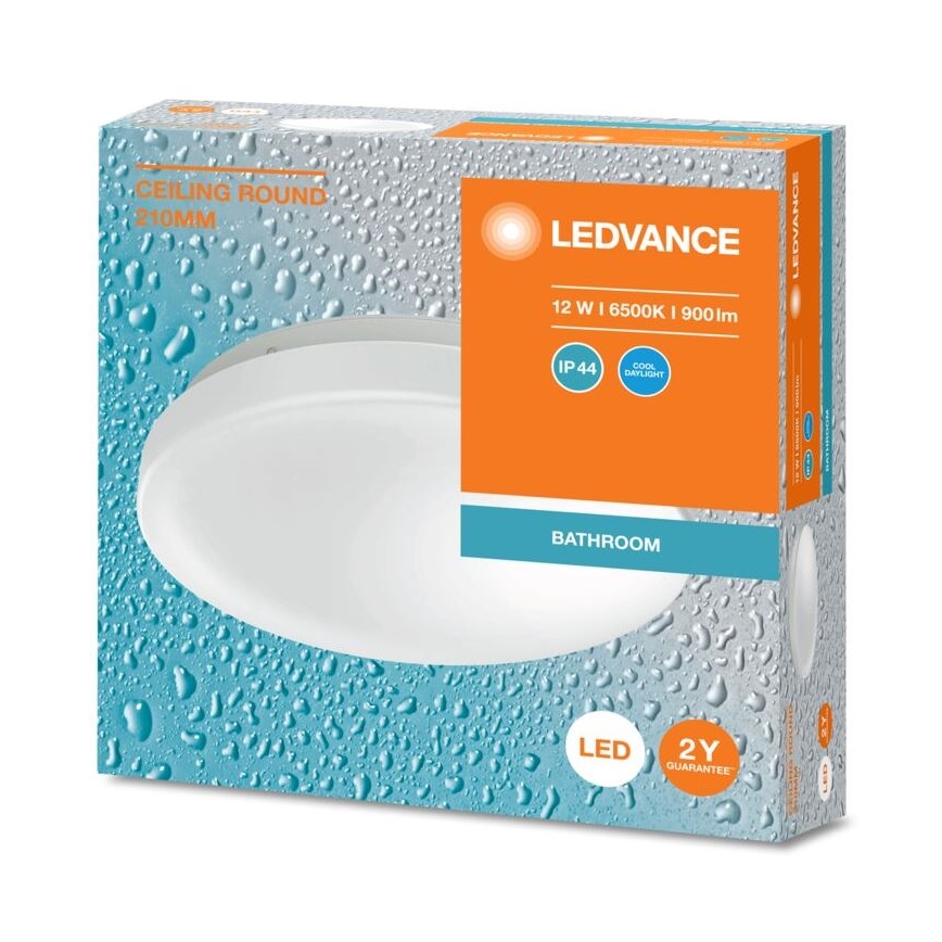 Oválny LED stropný svietidlo, určené do kúpeľne, je zobrazené na obale. Balenie uvádza: 12 W, 6500 K, 900 lm, IP44, LED, 2 roky záruka, rozmery 210 mm.