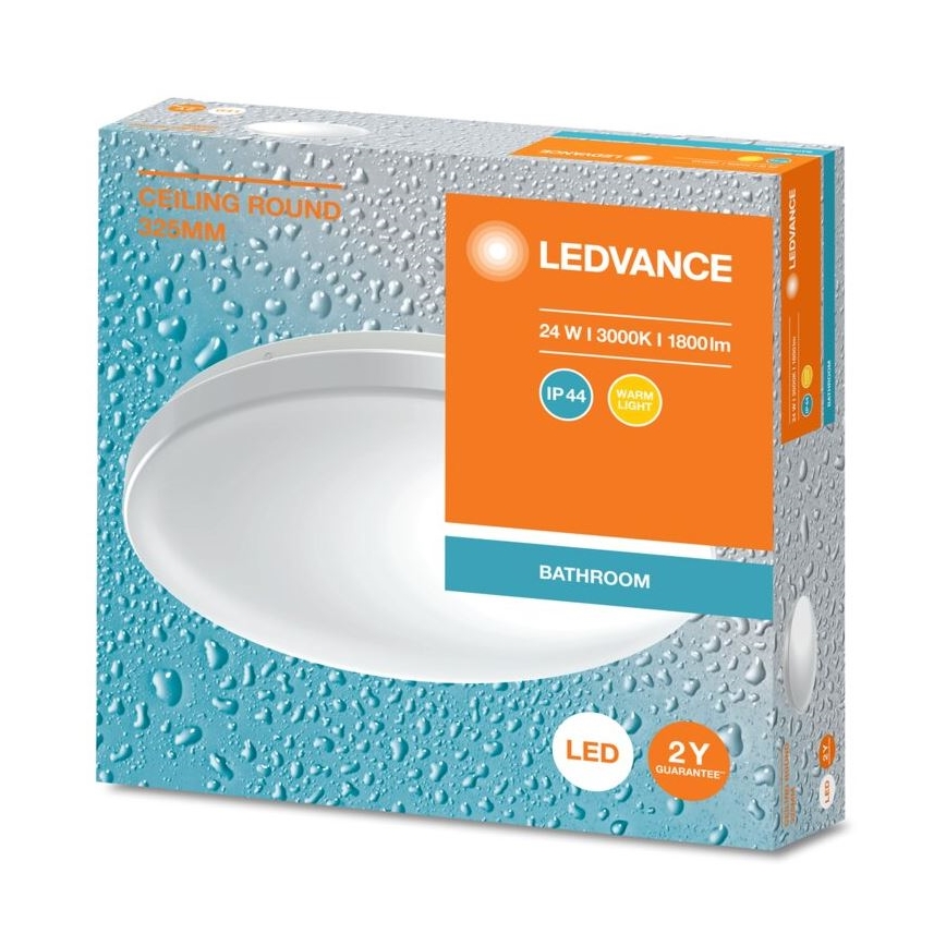 LED stropné svietidlo s oválnym difúzorom, určené do kúpeľne. Balenie uvádza technické parametre: 24 W, 3000 K, 1800 lm, IP44, LED, dvojročná záruka. Priemer svietidla 325 mm.