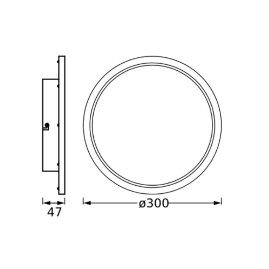Technický výkres zobrazuje kruhový panel s priemerom 300 mm a hrúbkou 47 mm. Panel má dva sústredné kruhy a štyri otvory na uchytenie. Je znázornený čelný a bočný pohľad.