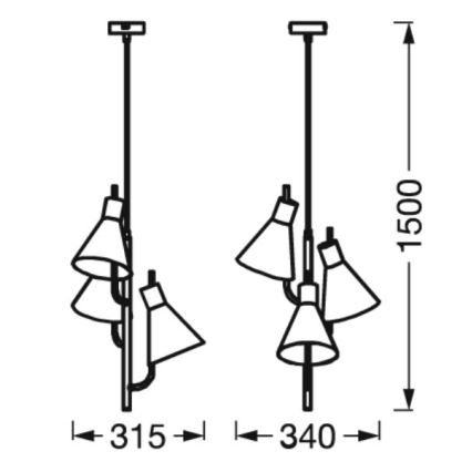 Dve závesné lampy s tromi kužeľovitými tienidlami visia zo stropu. Šírka prvých je 315 mm a druhých 340 mm. Celková výška oboch je 1500 mm.