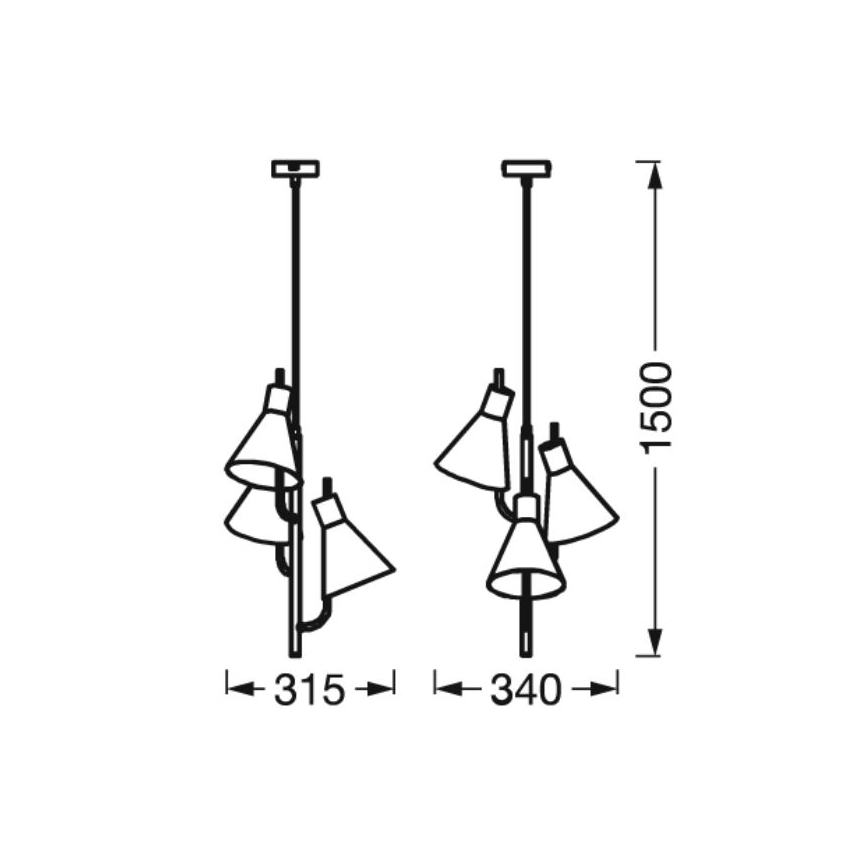 Dve závesné lampy s tromi kužeľovitými tienidlami visia zo stropu. Šírka prvých je 315 mm a druhých 340 mm. Celková výška oboch je 1500 mm.