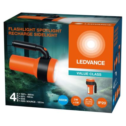 Oranžové prenosné LED svetlo s čiernym držadlom svieti. Balenie uvádza: FLASHLIGHT SPOTLIGHT RECHARGE SIDELIGHT, LEDVANCE VALUE CLASS, 4 režimy (100% - 300 lm, 30% - 100 lm, SOS, ADD. SOURCE - 120 lm), 6500K, 3W + 1W, Li-ion 2x1200 mAh, IP20.