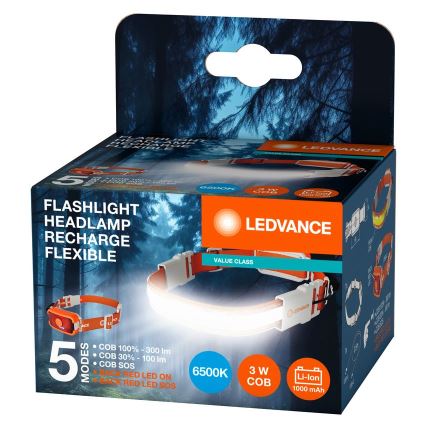Nabíjacia čelovka LEDVANCE s flexibilným ramenom je zobrazená na obale. Svieti v piatich režimoch: COB 100% (300 lm), COB 30% (100 lm), COB SOS, červené LED diódy zapnuté a červené LED SOS. Je vybavená 3 W COB diódou, batériou Li-ion 1000 mAh a má farbu svetla 6500 K.