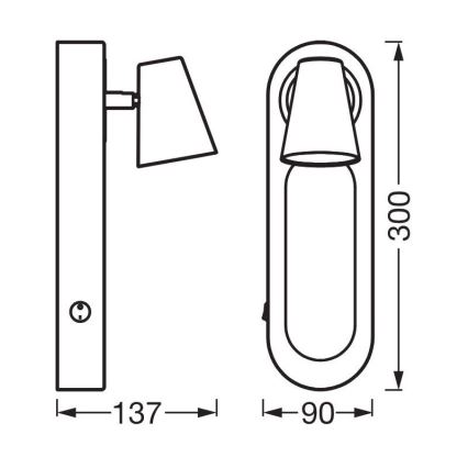 Dve nástenné lampy s tienidlom, jedna obdĺžniková, druhá oválna, s rozmermi 137x300 mm a 90x300 mm. Lampy sú znázornené v čelnom a bočnom pohľade.