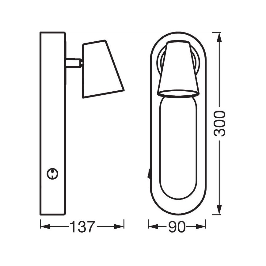 Dve nástenné lampy s tienidlom, jedna obdĺžniková, druhá oválna, s rozmermi 137x300 mm a 90x300 mm. Lampy sú znázornené v čelnom a bočnom pohľade.