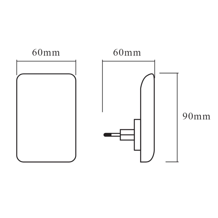 Technický výkres zobrazuje rozmery nástenného svietidla. Svietidlo je obdĺžnikové, s rozmermi 60x60 mm a hĺbkou 90 mm. Je zobrazené spredu a zboku.