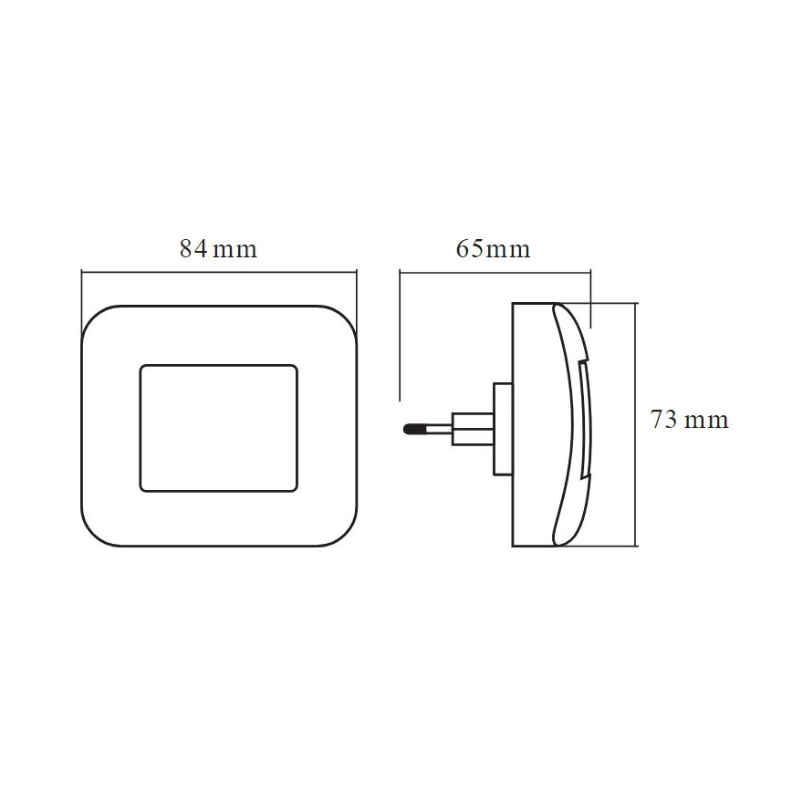 Svietidlo s rozmermi 84 x 65 x 73 mm je zobrazené v čelnom a bočnom pohľade s uvedenými rozmermi. Predstavuje sa ako nástenné svietidlo s obdĺžnikovým tvarom.