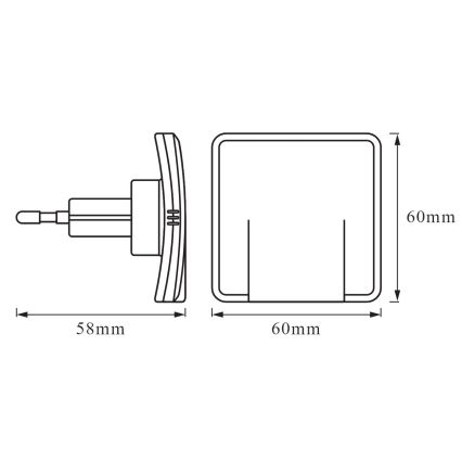 Technický výkres zobrazuje rozmery audio adaptéra. Adaptér s 3,5 mm konektorom má rozmery 58 x 60 mm. Druhý diel má rozmery 60 x 60 mm.
