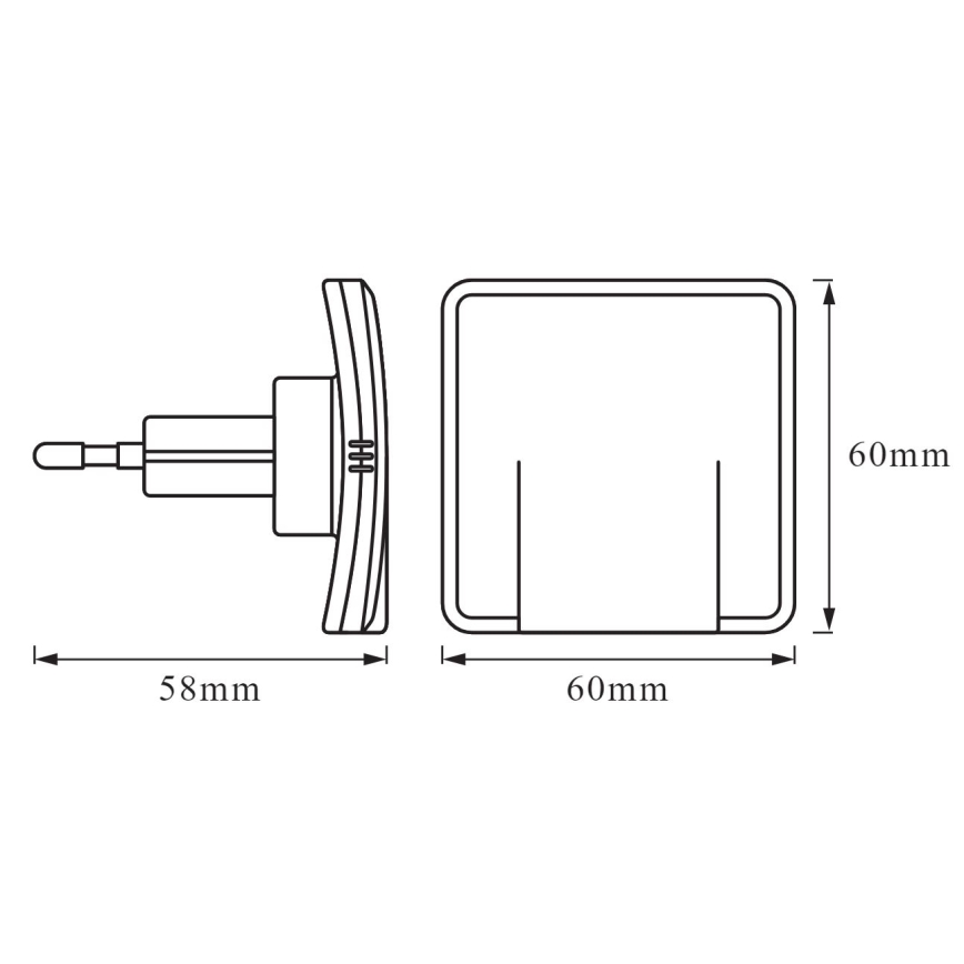 Technický výkres zobrazuje rozmery audio adaptéra. Adaptér s 3,5 mm konektorom má rozmery 58 x 60 mm. Druhý diel má rozmery 60 x 60 mm.