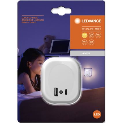 Ledvance - LED Nočné svietidlo do zásuvky so senzorom a USB LUNETTA LED/12,5W/230V biela