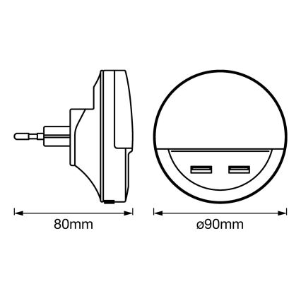 Ledvance - LED Nočné svietidlo do zásuvky so senzorom LUNETTA 2xUSB LED/13W/230V