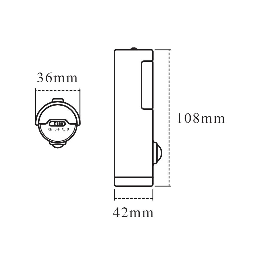 Svietidlo s rozmermi 108x42x36 mm je zobrazené v čelnom a bočnom pohľade. Na vrchnej časti má vypínač s polohami ON, OFF, AUTO.