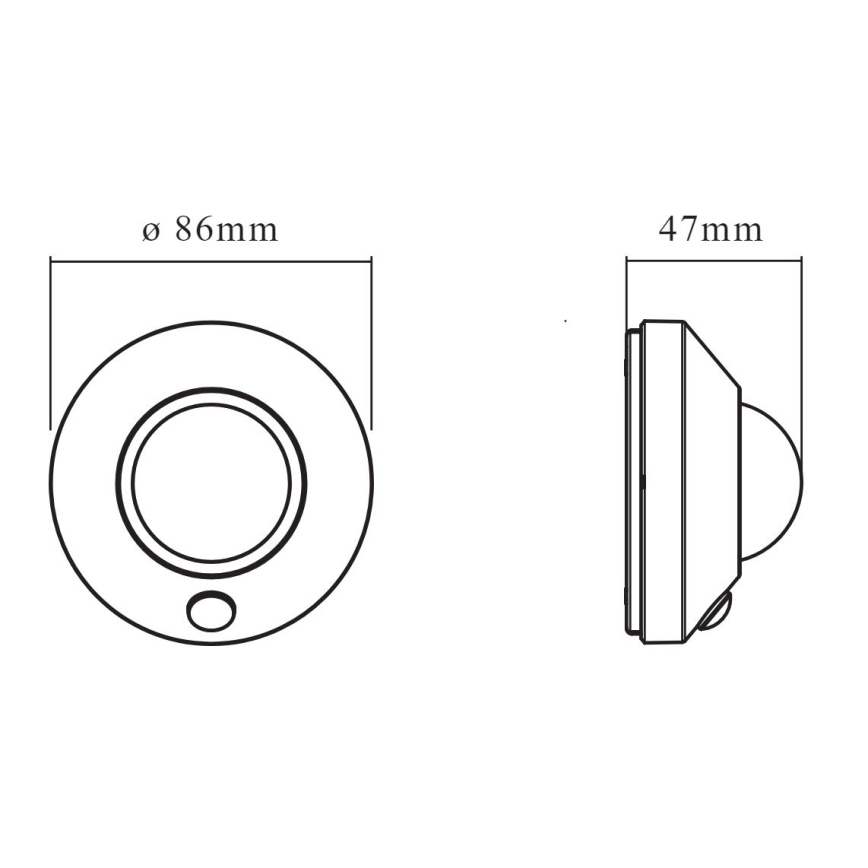 Svietidlo s pohybovým senzorom je zobrazené v čelnom a bočnom pohľade. Priemer svietidla je 86 mm, výška 47 mm.