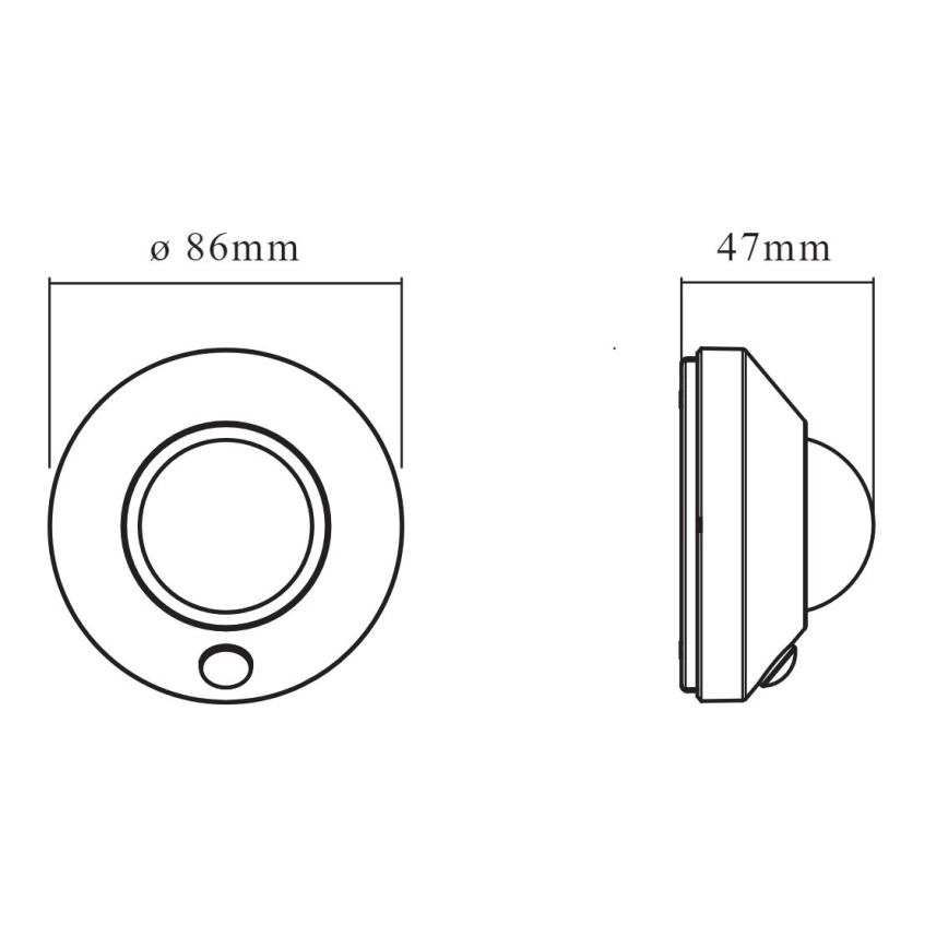 Senzor pohybu s priemerom 86 mm a výškou 47 mm je znázornený v čelnom a bočnom náhľade. Senzor má kruhový tvar s vnútorným otvorom.