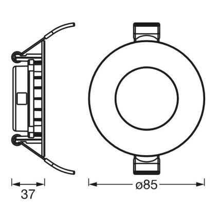 Svietidlo sa montuje do stropu. Má okrúhly tvar s priemerom 85 mm a hĺbkou 37 mm. Bočný pohľad ukazuje mechanizmus montáže.