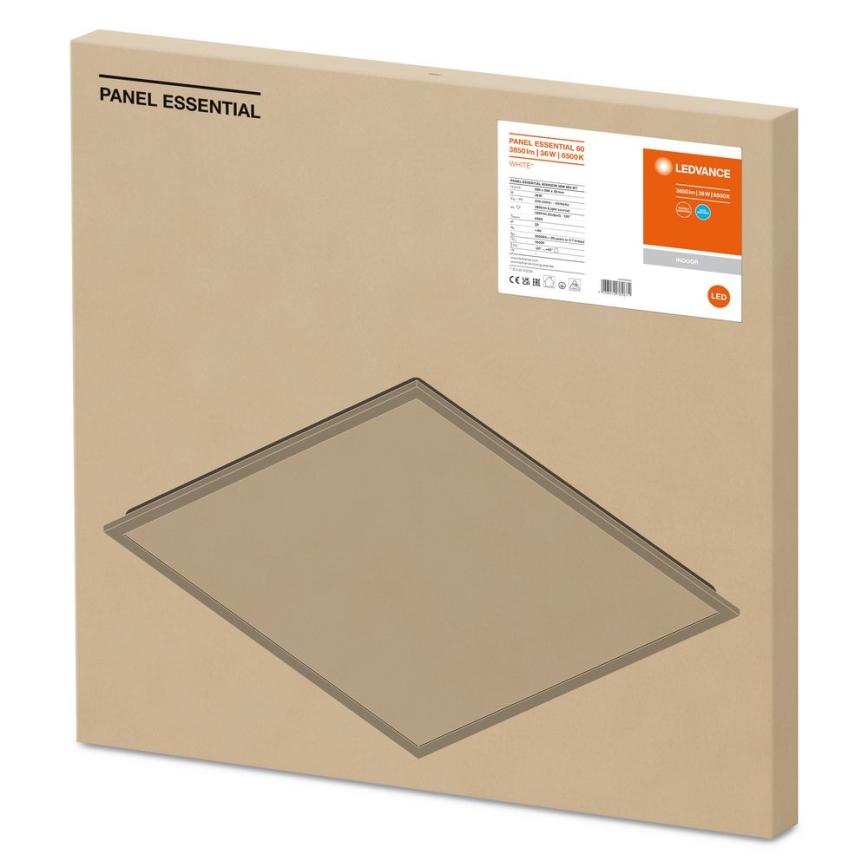 LED panelové svetlo je zobrazené v kartónovej krabici. Krabica zobrazuje schému svetla a názov PANEL ESSENTIAL 60 300x300 mm 12W 1000lm WHITE.