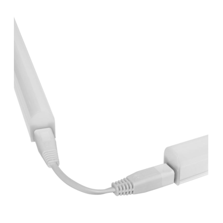 Dve LED lišty sa spájajú pomocou kábla s konektormi. Jedna lišta je pripojená ku káblu, druhá čaká na pripojenie. Biely kábel spája obe lišty.