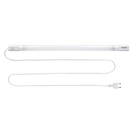 LED trubica s vypínačom a sieťovou šnúrou leží na bielom pozadí. Na konci trubice je viditeľný nápis: LEDvance Tube 14W LED.