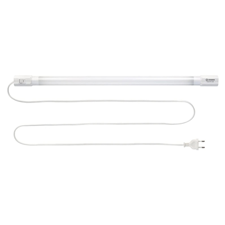 LED trubica s vypínačom a sieťovou šnúrou leží na bielom pozadí. Na konci trubice je viditeľný nápis: LEDvance Tube 14W LED.