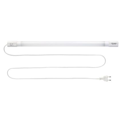 LED trubica s vypínačom a sieťovou šnúrou je položená na bielom pozadí. Na konci trubice je viditeľný nápis „LEDvance Tube 11W LED“.