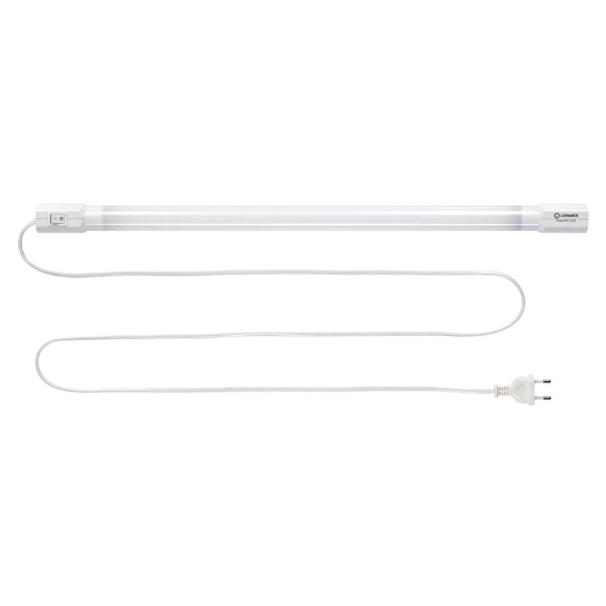 LED trubica s vypínačom a sieťovou šnúrou je položená na bielom pozadí. Na konci trubice je viditeľný nápis „LEDvance Tube 11W LED“.