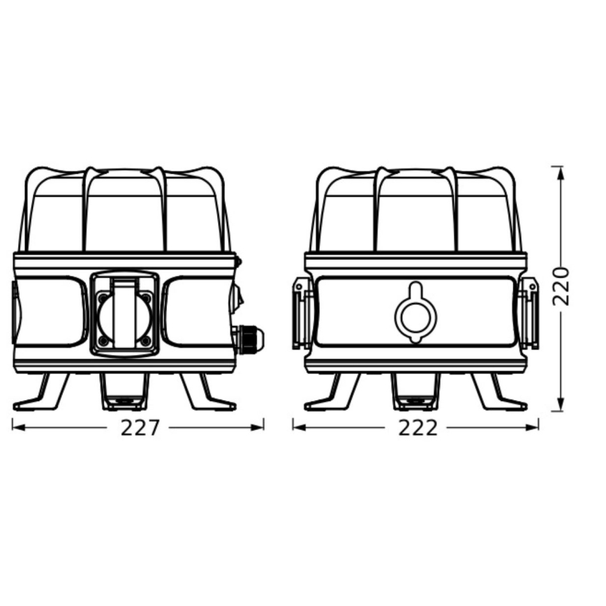 Technický výkres zobrazuje dvojrozmerný pohľad na zariadenie s rozmermi 222 x 227 x 220 mm. Zariadenie má obdĺžnikový tvar s vrchnou časťou chránenou mriežkou a dvoma bočnými vývodmi. Zariadenie stojí na dvoch nožičkách.