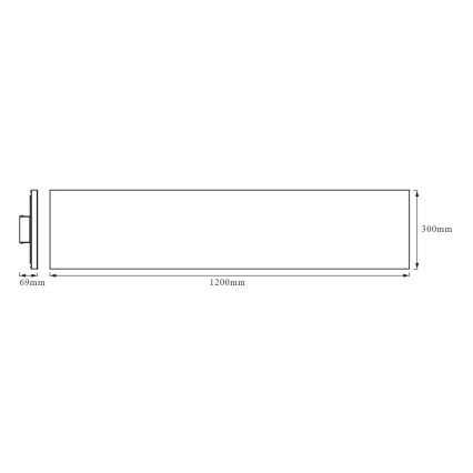 Dlhý, úzky obdĺžnikový objekt s rozmermi 1200mm x 300mm x 69mm je znázornený v technickom výkrese. Objekt je zobrazený s pripojením na jednej strane.