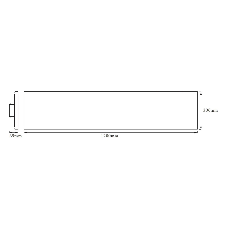 Dlhý, úzky obdĺžnikový objekt s rozmermi 1200mm x 300mm x 69mm je znázornený v technickom výkrese. Objekt je zobrazený s pripojením na jednej strane.