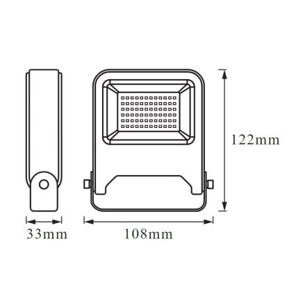 Svietidlo s rozmermi 108mm x 122mm x 33mm je znázornené v čelnom a bočnom pohľade s detailom mriežky. Svietidlo je štvorcové s ochranným rámom a vnútornou mriežkou.