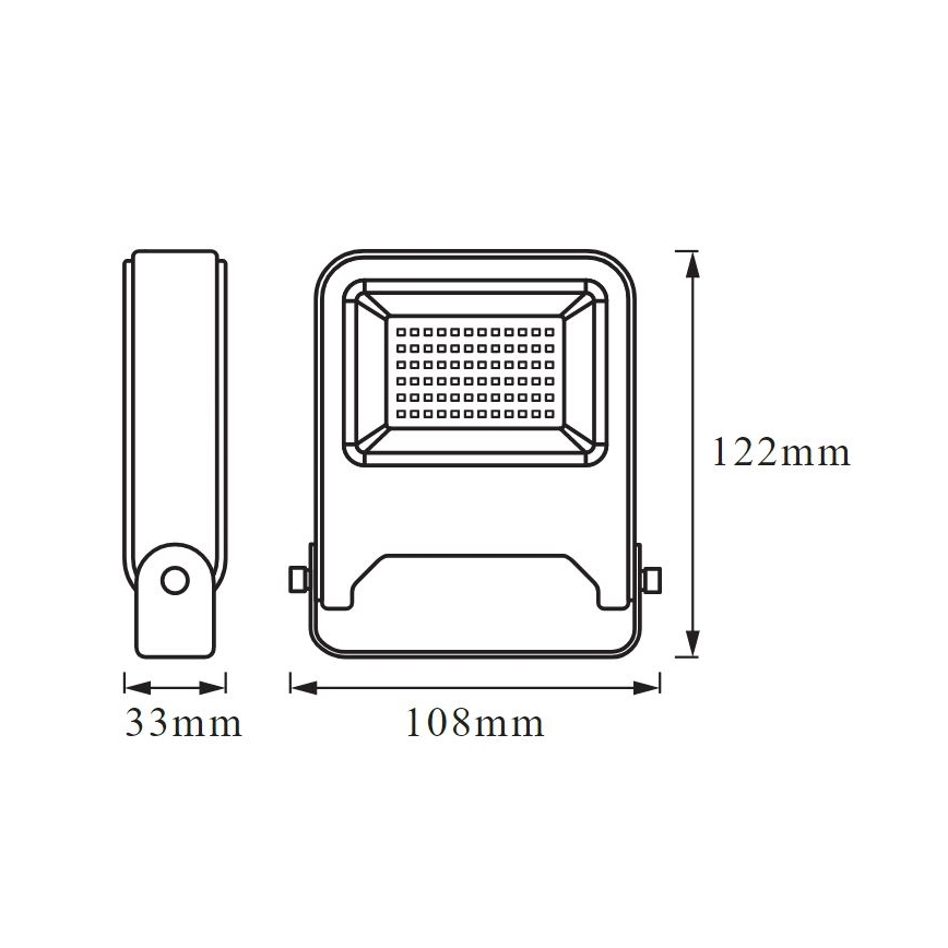 Svietidlo s rozmermi 108mm x 122mm x 33mm je znázornené v čelnom a bočnom pohľade s detailom mriežky. Svietidlo je štvorcové s ochranným rámom a vnútornou mriežkou.
