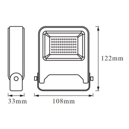 Technický výkres LED svietidla. Svietidlo je zobrazené v čelnom a bočnom pohľade. Rozmery: 108 mm x 122 mm x 33 mm.