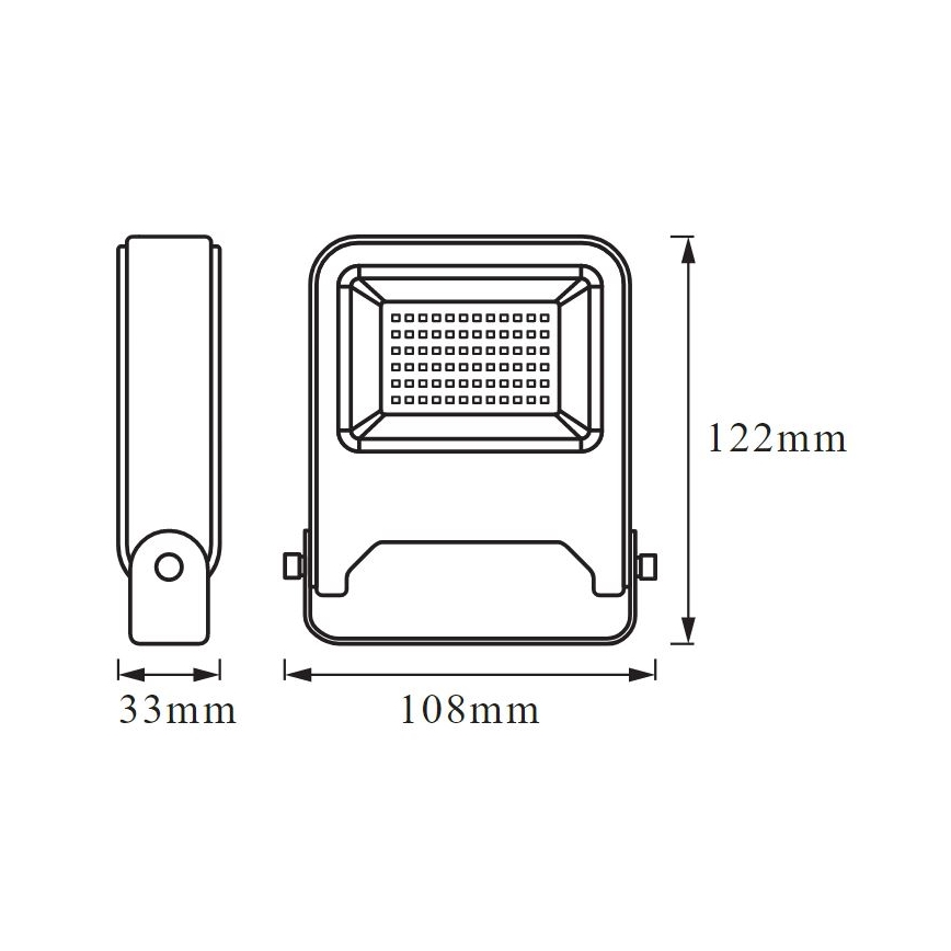 Technický výkres LED svietidla. Svietidlo je zobrazené v čelnom a bočnom pohľade. Rozmery: 108 mm x 122 mm x 33 mm.