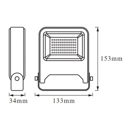 Svietidlo s rozmermi 133 mm x 153 mm x 34 mm je zobrazené v čelnom a bočnom náhľade s vyznačenými rozmermi. Svietidlo má štvorcový tvar s mriežkou na prednej strane.