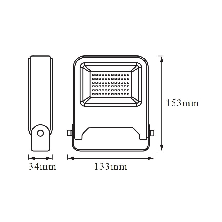 Svietidlo s rozmermi 133 mm x 153 mm x 34 mm je zobrazené v čelnom a bočnom náhľade s vyznačenými rozmermi. Svietidlo má štvorcový tvar s mriežkou na prednej strane.