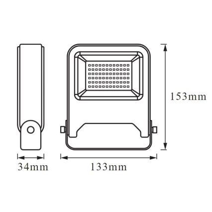 Technický výkres zobrazuje rozmery LED svietidla. Svietidlo je obdĺžnikové s mriežkou na prednej strane. Rozmery sú 133 mm x 153 mm x 34 mm.