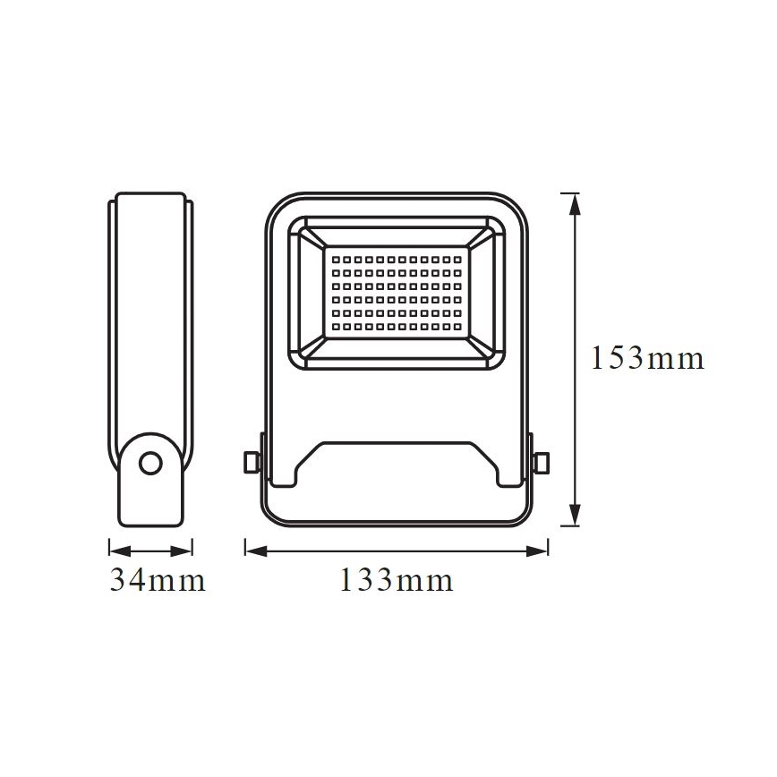 Technický výkres zobrazuje rozmery LED svietidla. Svietidlo je obdĺžnikové s mriežkou na prednej strane. Rozmery sú 133 mm x 153 mm x 34 mm.
