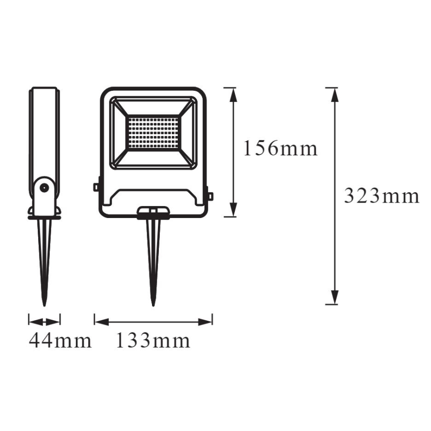 Záhradné svietidlo s kolíkom sa zapichuje do zeme. Má rozmery 156mm x 323mm a kolík je dlhý 133mm. Šírka kolíka je 44mm.