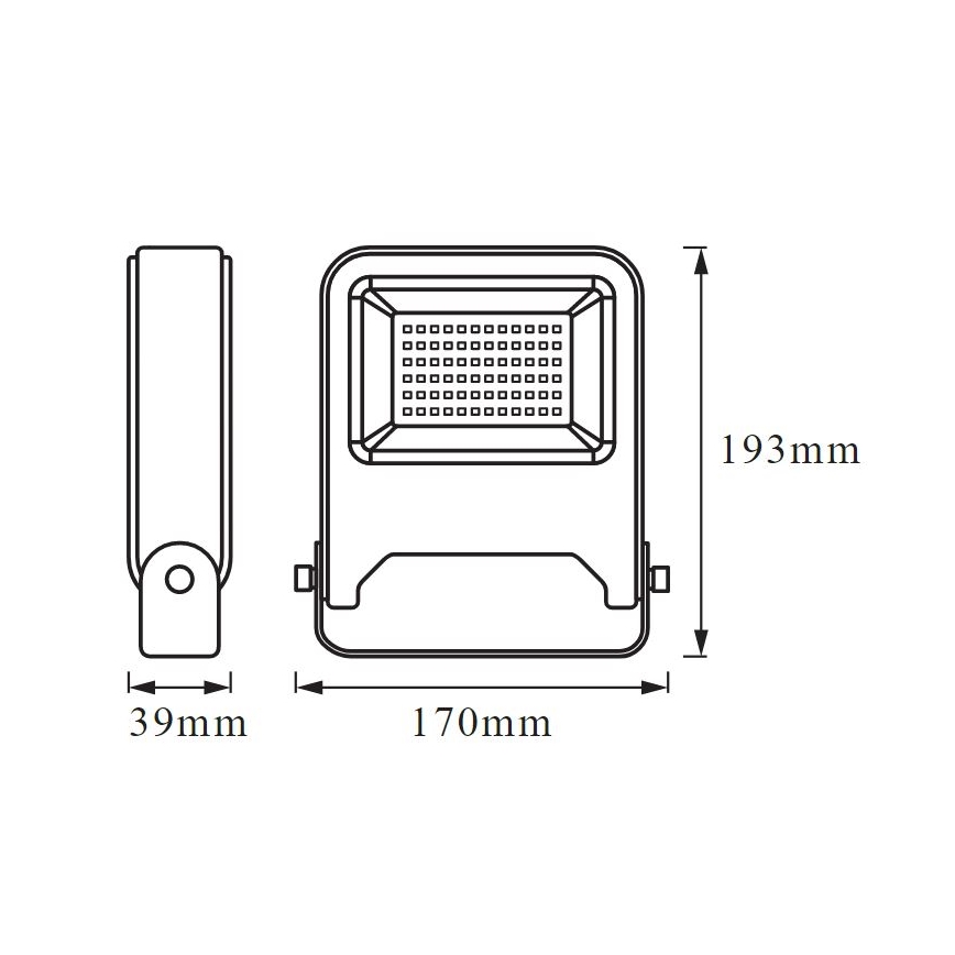 LED svietidlo s rozmermi 170 x 193 x 39 mm je znázornené v technickom výkrese s bočným pohľadom a pohľadom spredu. Svietidlo má mriežku na rozptyl svetla.