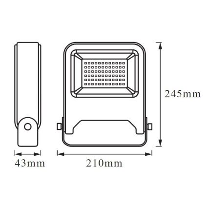 LED svietidlo s rozmermi 210 mm x 245 mm x 43 mm je zobrazené v čelnom a bočnom pohľade s detailným technickým výkresom. Svietidlo je obdĺžnikové s mriežkovou ochranou LED diód.