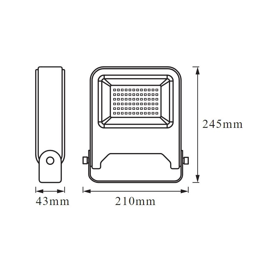 LED svietidlo s rozmermi 210 mm x 245 mm x 43 mm je zobrazené v čelnom a bočnom pohľade s detailným technickým výkresom. Svietidlo je obdĺžnikové s mriežkovou ochranou LED diód.