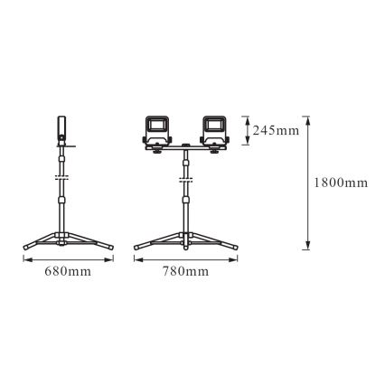 Technický výkres znázorňuje stojan s dvoma svietidlami. Stojan má trojnohý podstavec, výšku 1800 mm a šírku 680/780 mm. Svietidlá sú umiestnené na výške 245 mm.