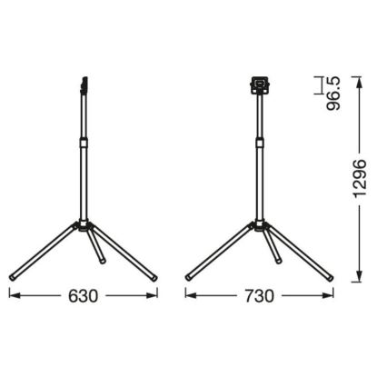 Dva trojnohé stojany s nastaviteľnou výškou 96,5 a 1296 mm. Šírka spodnej časti je 630 a 730 mm.
