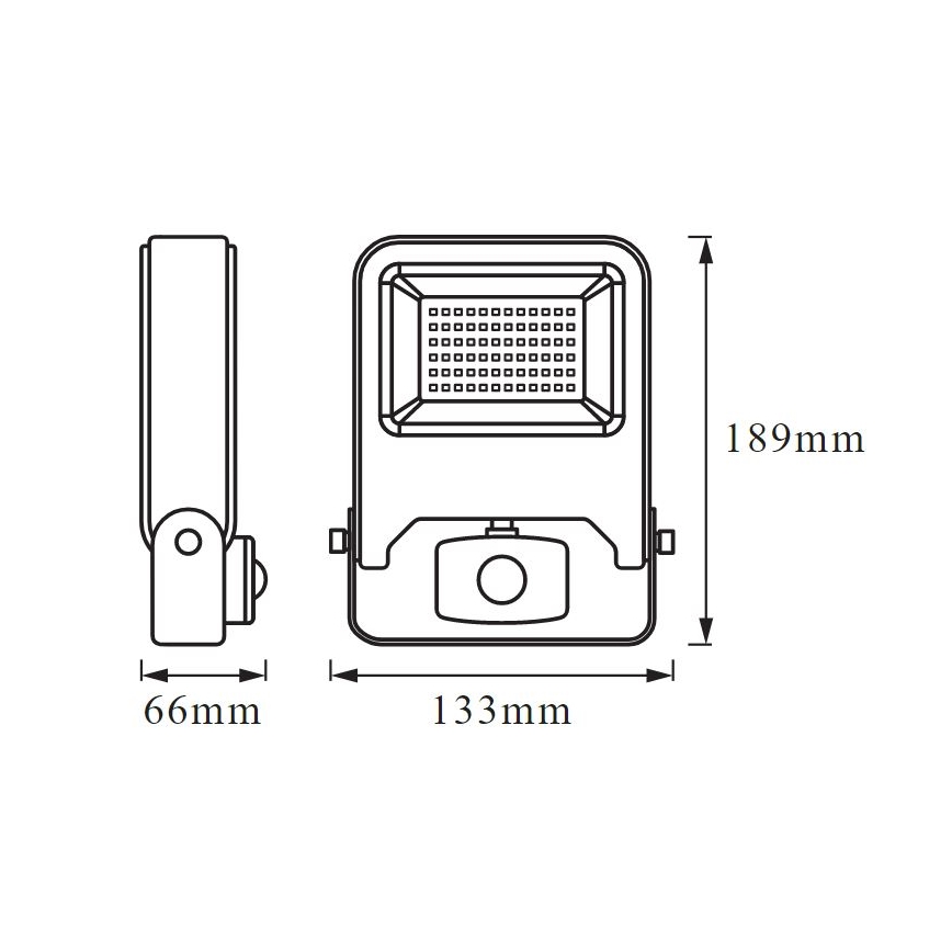 LED svietidlo s rozmermi 133 x 66 x 189 mm je znázornené v čelnom a bočnom pohľade. Svietidlo má štvorcový tvar s LED diódami. Technický nákres obsahuje rozmery.
