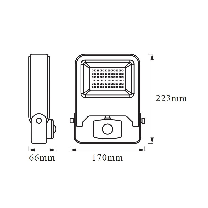 Svietidlo s rozmermi 170 x 66 x 223 mm je zobrazené v čelnom a bočnom náhľade s detailnými rozmermi. Svietidlo je štvorcového tvaru s mriežkou na prednej strane.
