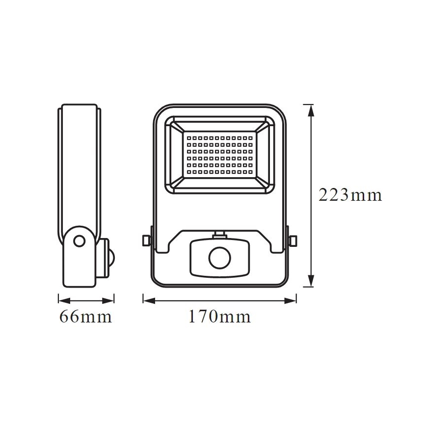 LED reflektor s rozmermi 170mm x 223mm x 66mm je zobrazený v čelnom a bočnom náhľade s detailnými rozmerovými údajmi.