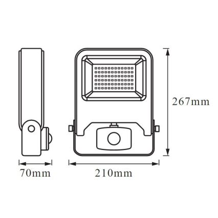 Technický výkres zobrazuje vonkajšie LED svietidlo. Svietidlo má rozmery 210 mm x 267 mm x 70 mm. Je zobrazené v prednom a bočnom pohľade.
