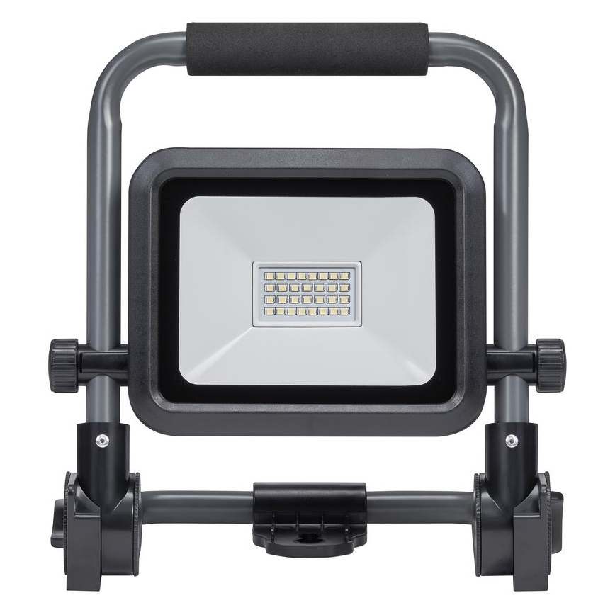 LED pracovné svetlo s nastaviteľným ramenom a rukoväťou, svieti na bielom pozadí. Svetlo má obdĺžnikový tvar s LED diódami.