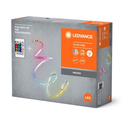 Balenie LED pásika LEDVANCE s diaľkovým ovládaním. Pás RGB s výkonom 12,5 W je určený do interiéru a obsahuje prijímač Flex Audio 3M.
