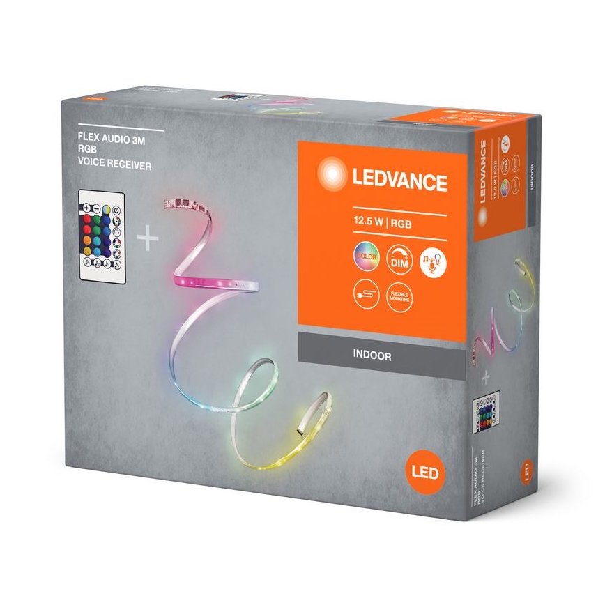 Balenie LED pásika LEDVANCE s diaľkovým ovládaním. Pás RGB s výkonom 12,5 W je určený do interiéru a obsahuje prijímač Flex Audio 3M.